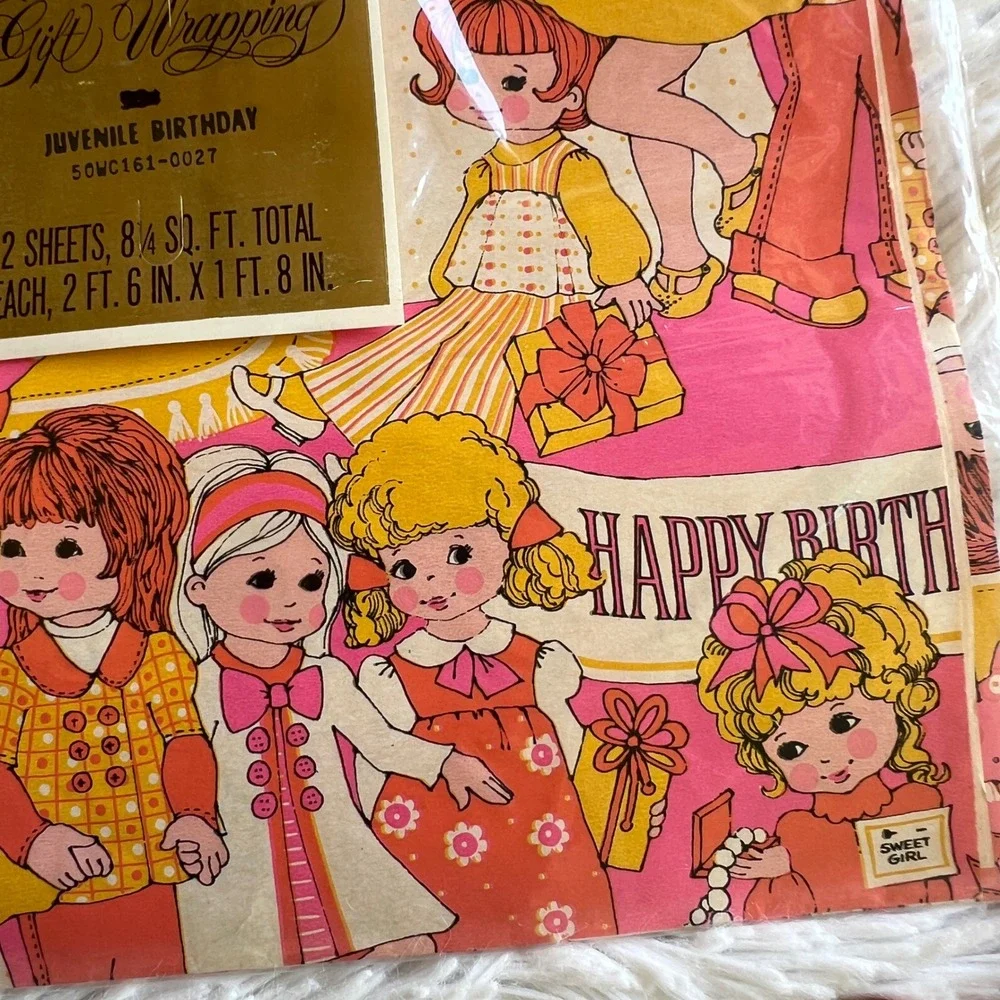 Vintage 70s Gibson Wrapping Paper Pink Girl Birthday New in Package Retro Crafts